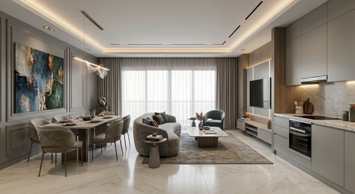 Living integrado com sala de jantar e cozinha