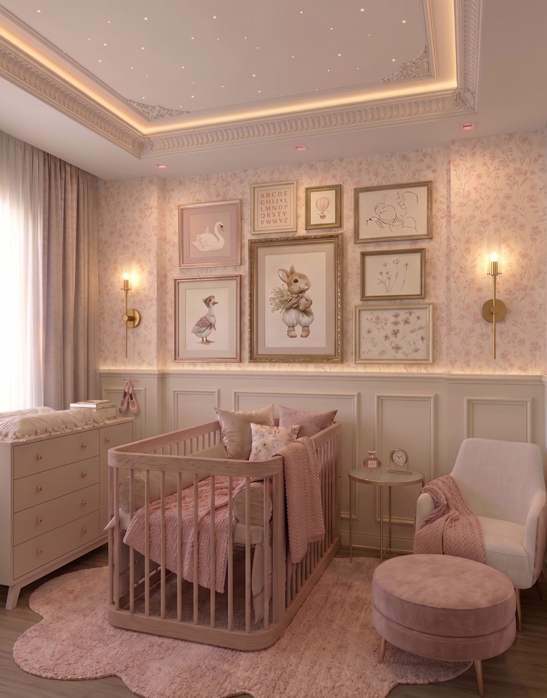 Quarto de bebê com papel de parede floral e teto estrelado